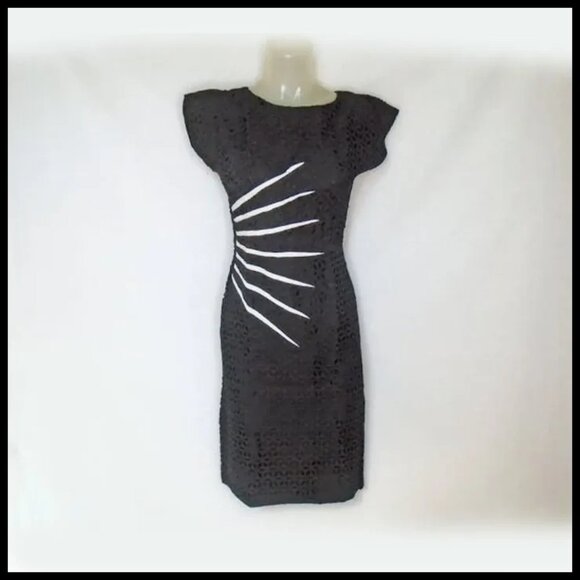 Vintage Black Eyelet Sheath Dress Bodycon Curvy LBD - Picture 6 of 13
